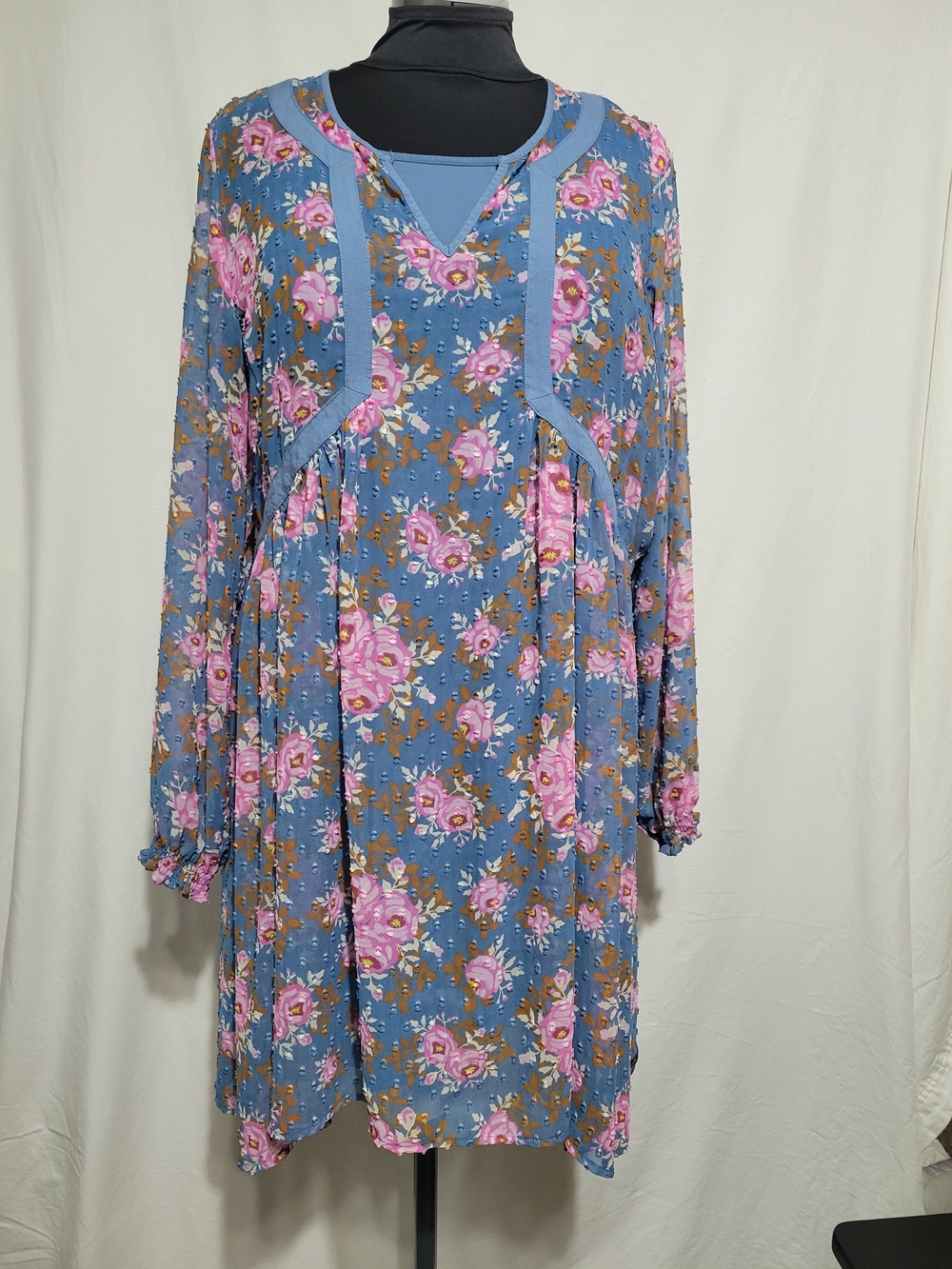 Blue Floral Long-Sleeve Swing Dress with Pink Roses